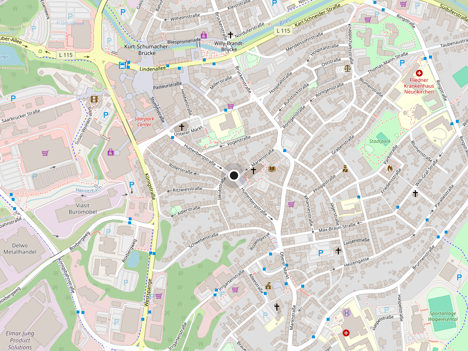 Kartenausschnitt der Neunkircher Innenstadt mit einer Markierung an der Hüttenbergstraße 29